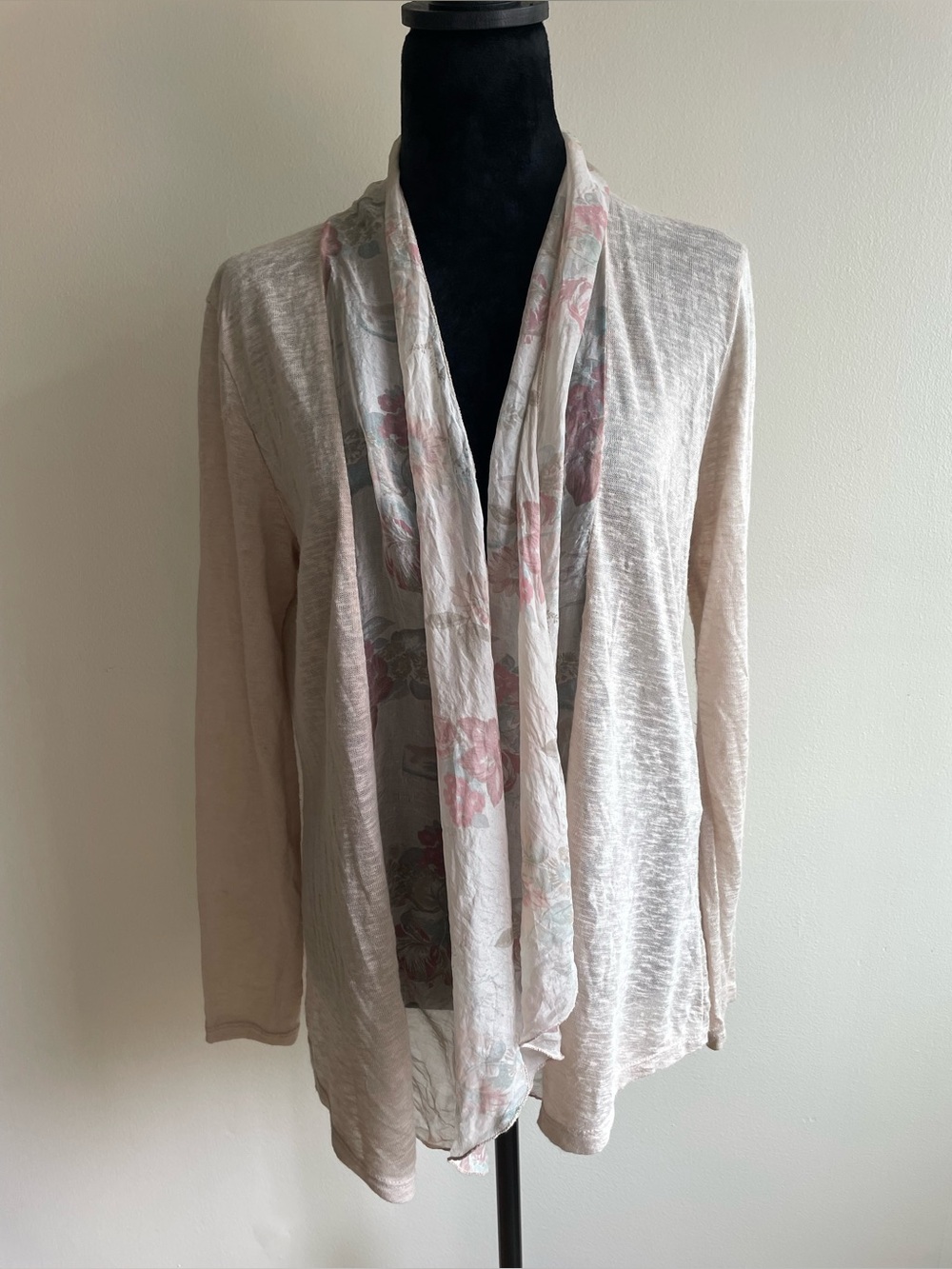 Elena Baldi Made in Italy Open Front Cardigan with Silk Floral Drape Size M